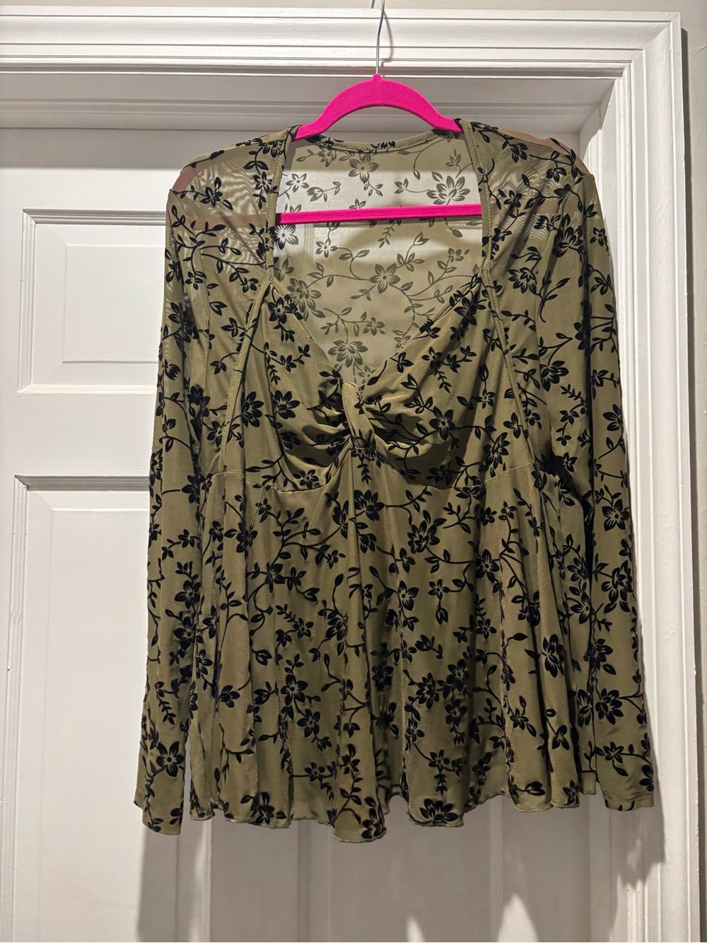 SHEIN Green Floral Velvet Burnout Long Sleeve Blouse